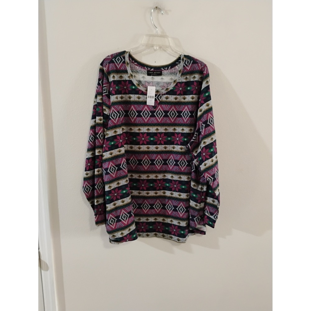 Lane Bryant Waffle Knit Thermal Top Fair Isle Floral Print Purple Plus 26/28 NWT